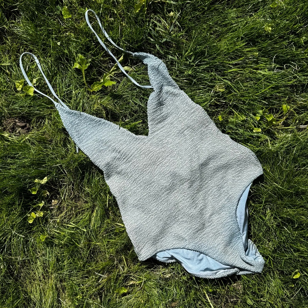 Onia light blue crinkle halter tie swimsuit
